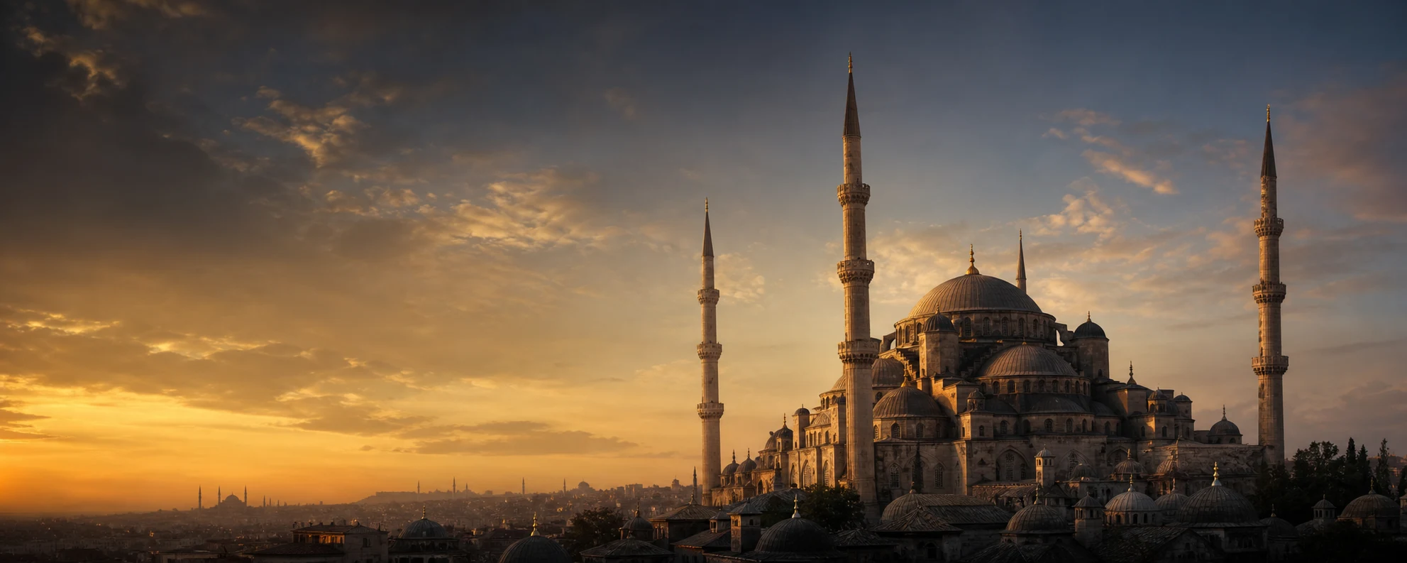 مسجد كبير عند الغروب الذهبي